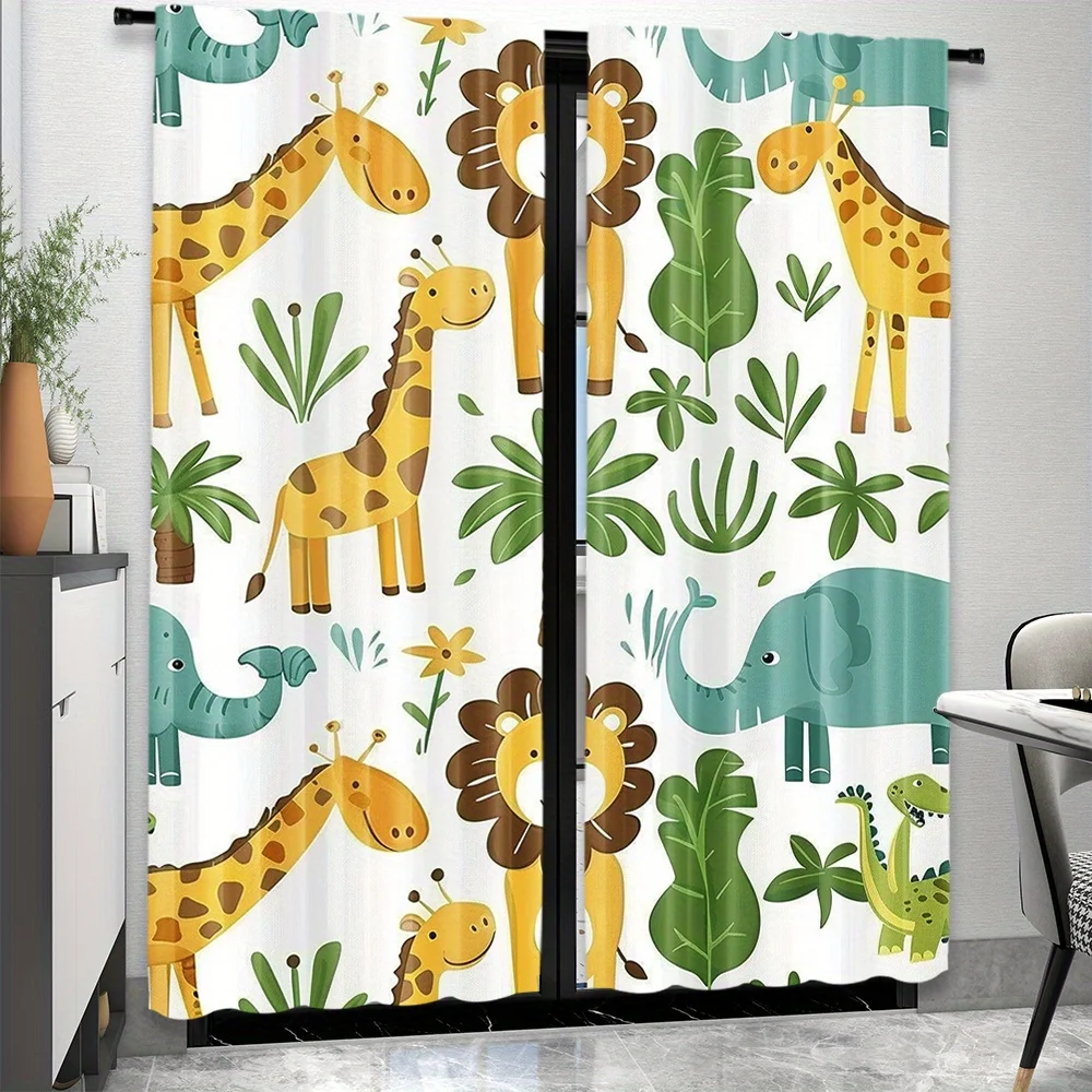 Jungle Safari Animal Print Curtain Cute Giraffe Elephant Lion Theme Tropical Leaf Bathroom Nursery Polyester Curtain Panel