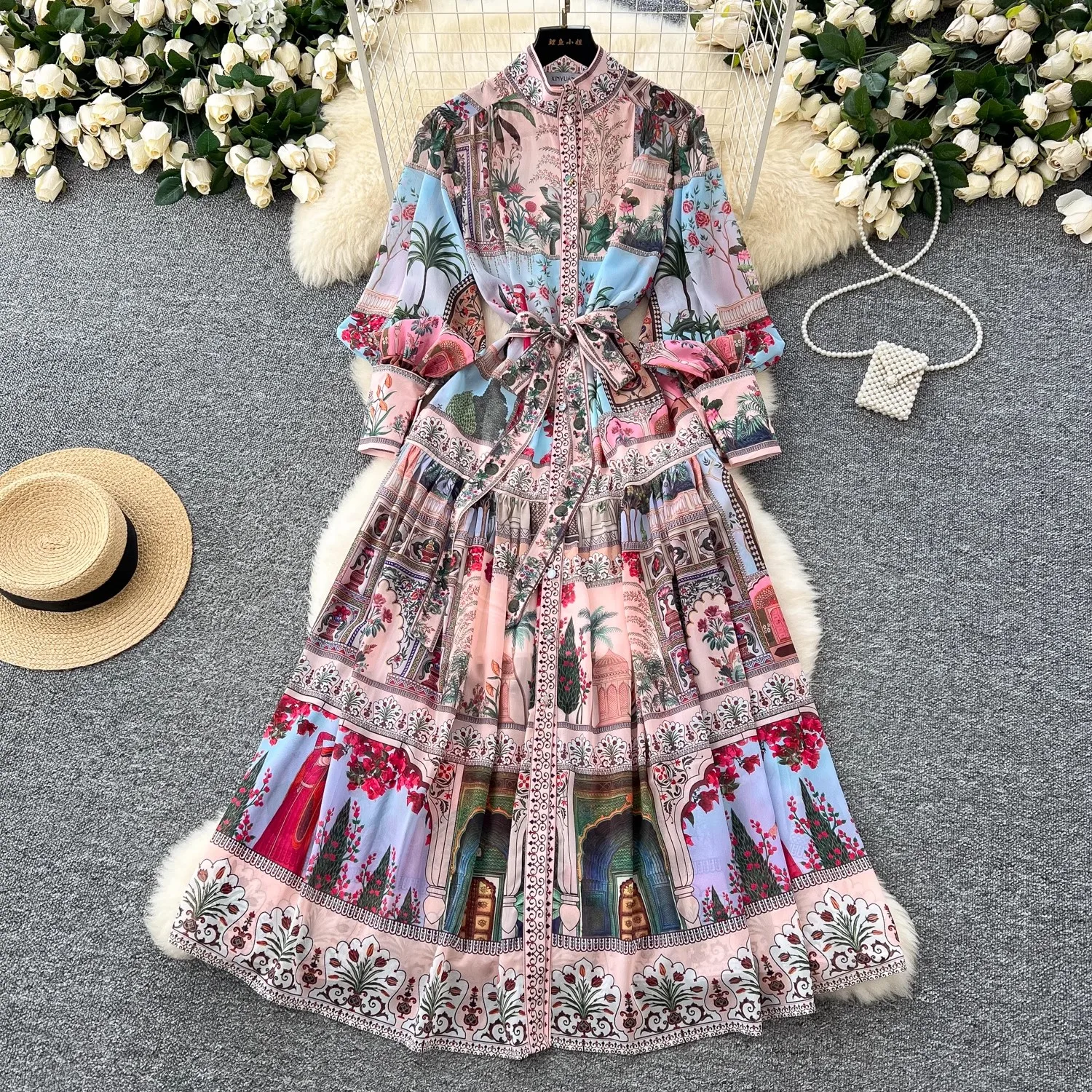 

Spring Elegant Floral Maxi Dress Women Stand Long Lantern Sleeve Single Breasted Bohemian Lace Up Belt Vintage Printed Vestidos