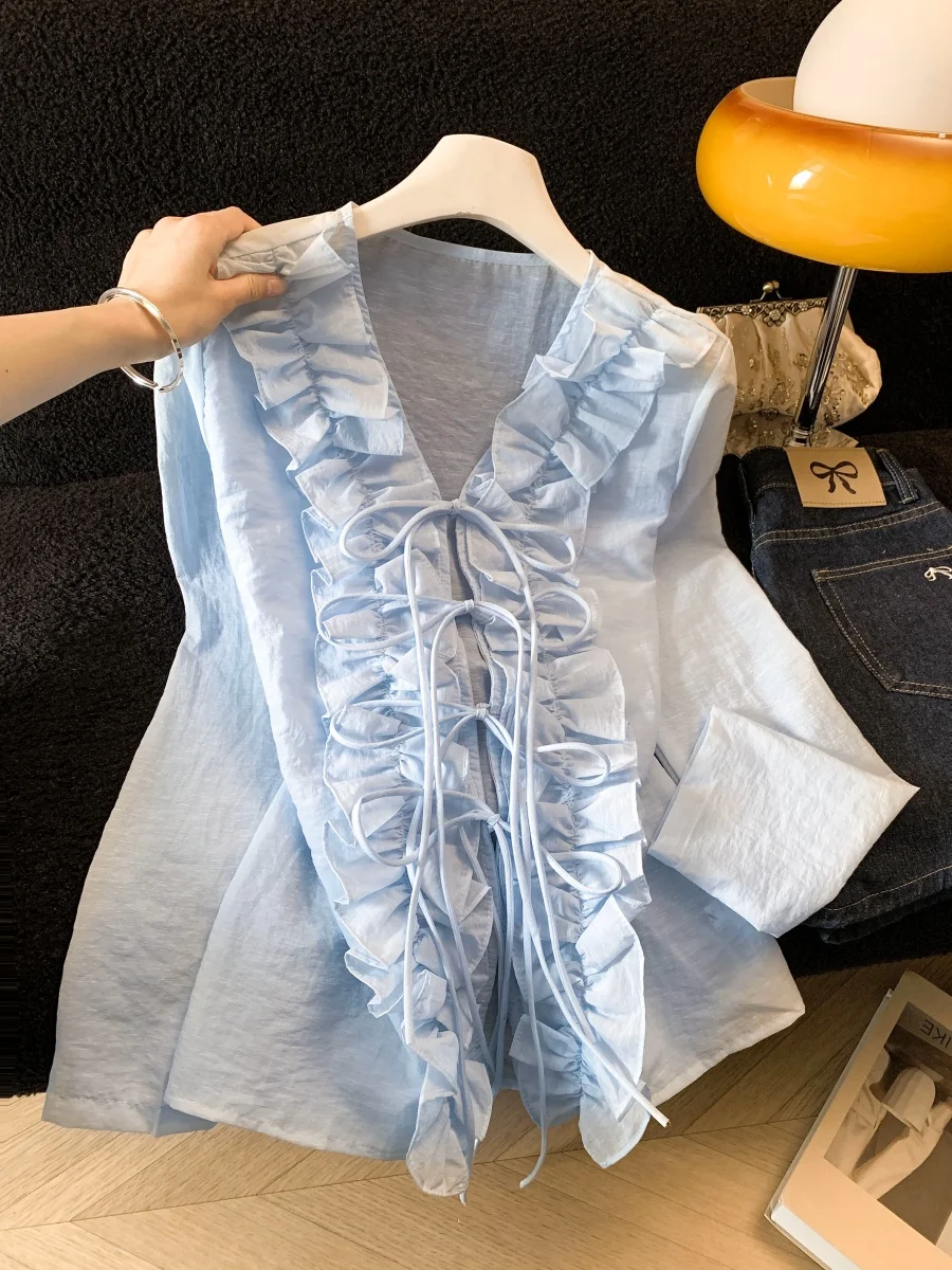 

Blue V-Ne Long Sve irt Women's Spring Gentle Wind Loose Slimming Wood ain irt Korean Sle Commute Sle