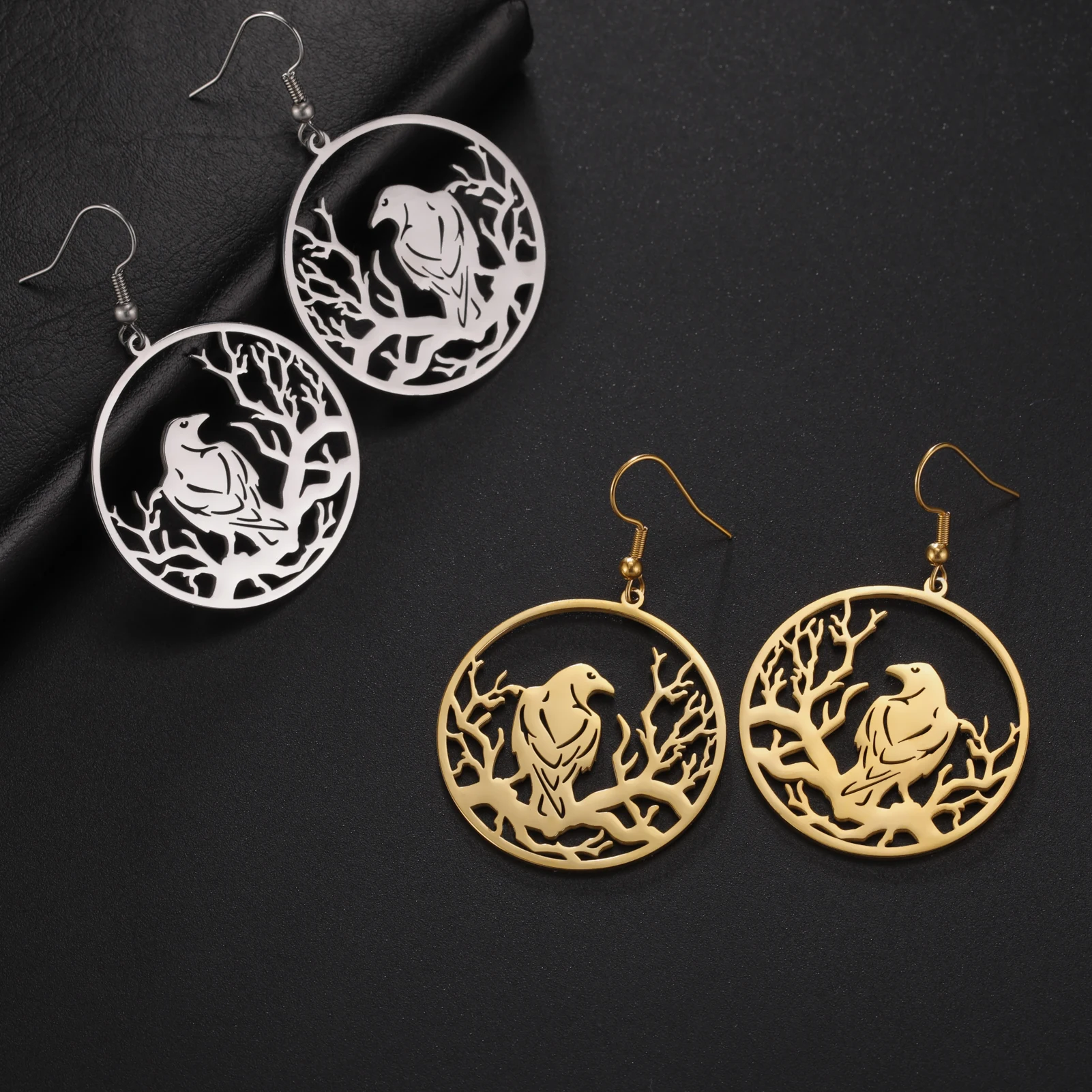 Skyrim Viking Raven Women's Dropped Earrings Stainless Steel Branch Bird Round Pendant Vintage Talisman Jewelry Gifts