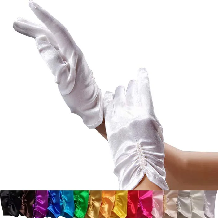 Guantes de novia elegantes y cortos para mujer, manoplas de satén con cuentas de perlas, longitud de la muñeca, color blanco marfil, para boda