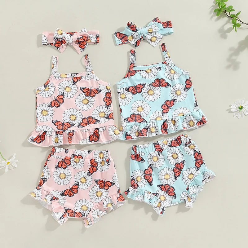 

2024-04-26 Lioraitiin Baby Girl Summer Outfits Floral Butterfly Print Square Neck Cami Tops with Ruffled Shorts and Bow Headband