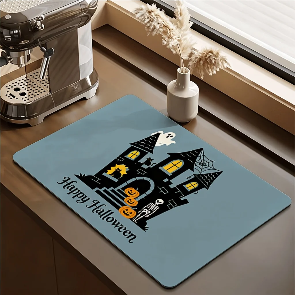Dish Drying Mat Halloween Plaid Witch Hat Spiderweb Kitchen Countertop Absorbent Non Slip Tableware Protection Cushion