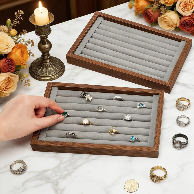 4 Pack Wood Ring Display, Wooden Ring Holder Display Case Earring Organizer Velvet Jewelry Tray Jewelry Organizer Stand for Ring