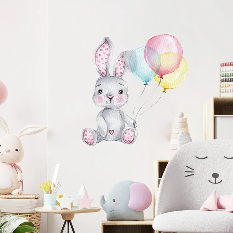 Cartoon bemalte Hasen-Ballon-Wandaufkleber für Kinderzimmer, Schlafzimmer, Wanddekoration, selbstklebende Dekor-Aufkleber – Detail 6