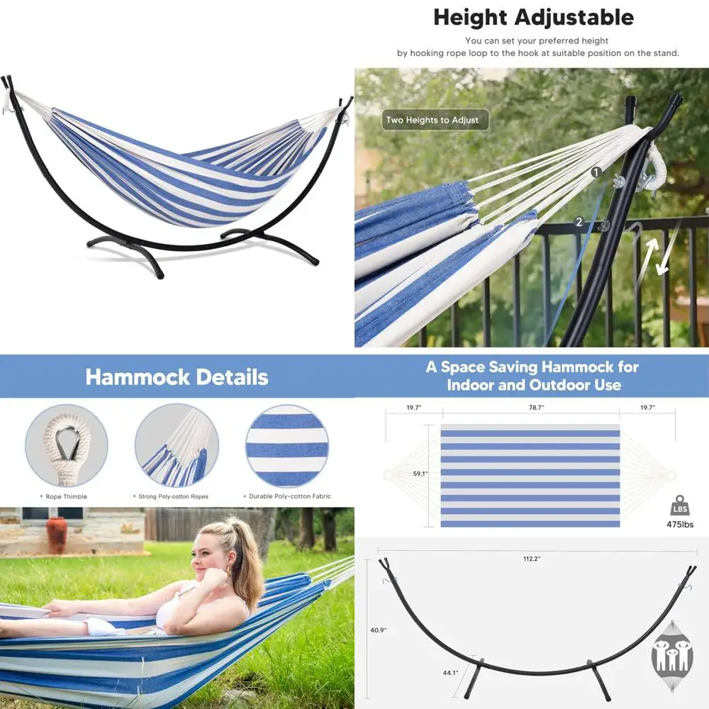 أرجوحة خارجية بإطار، سعة عالية 475 رطل، خطوط زرقاء وبيضاء، استرخاء في الفناء الخلفي، أرجوحة متينة للحديقة #1