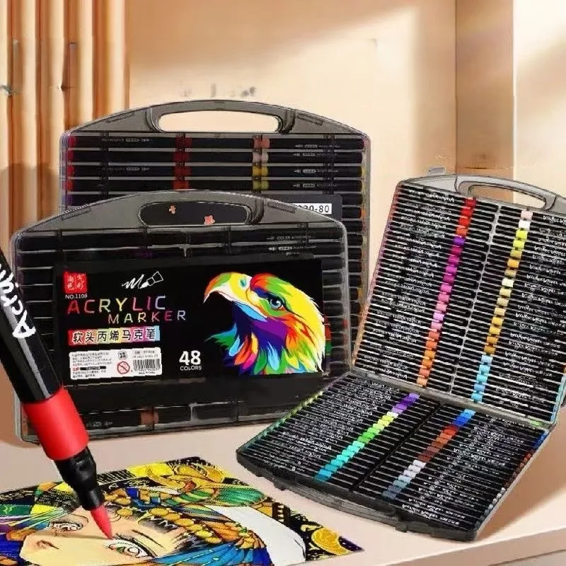 48pcs Soft tip small black box acrylic marker pen for students' art, stackable colors and washable.