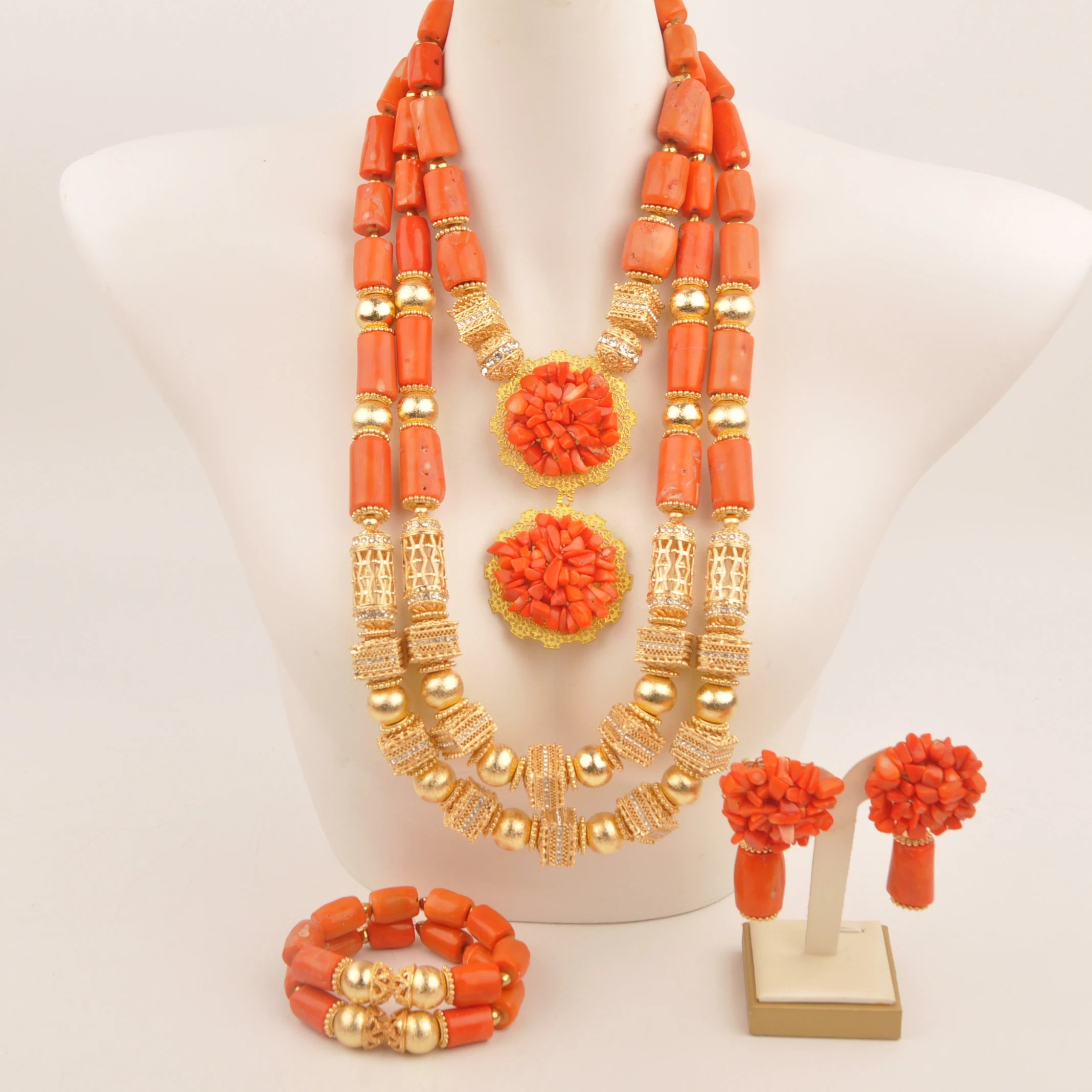 

Natural coral Nigerian Wedding fashion jewelry African Orange necklace