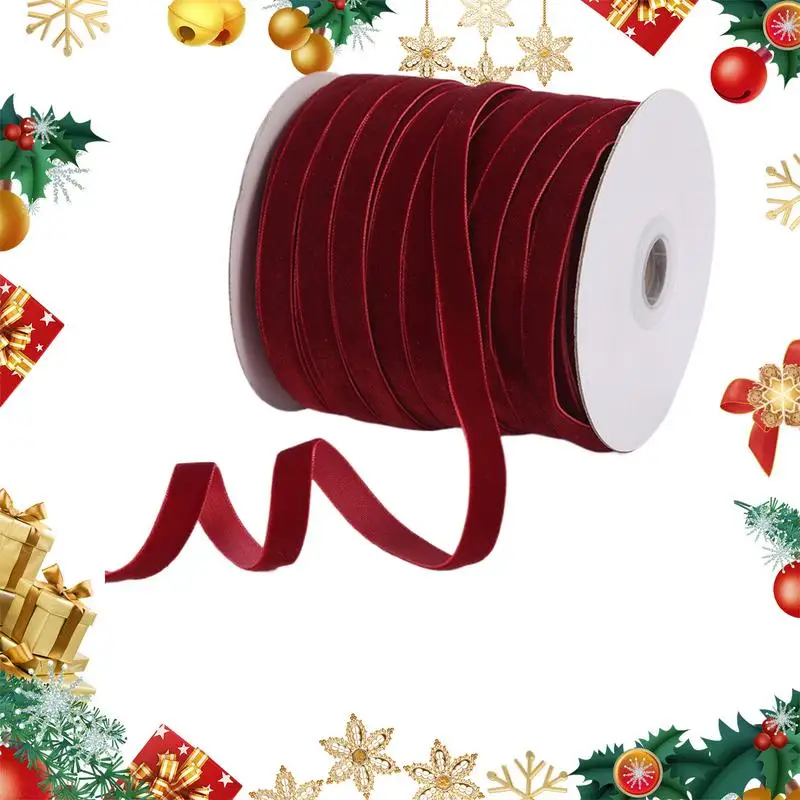 Velvet Ribbon 50 Yards Holiday Ribbon With Spool 3/8 Inch Wide Nylon Ribbon For Christmas Tree Flower Bouquet Wreath Decorations