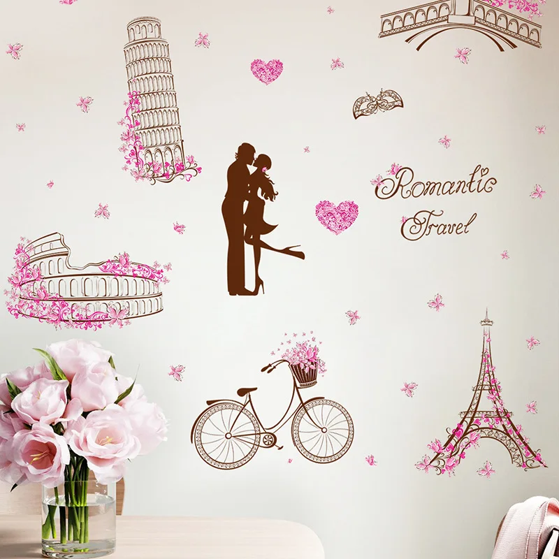 Eiffel Tower Vinyl Tile Wall Stickers For Girl Room Decoration Bedroom Accessories Adhesive Wallpaper Wall Decor Room Decor