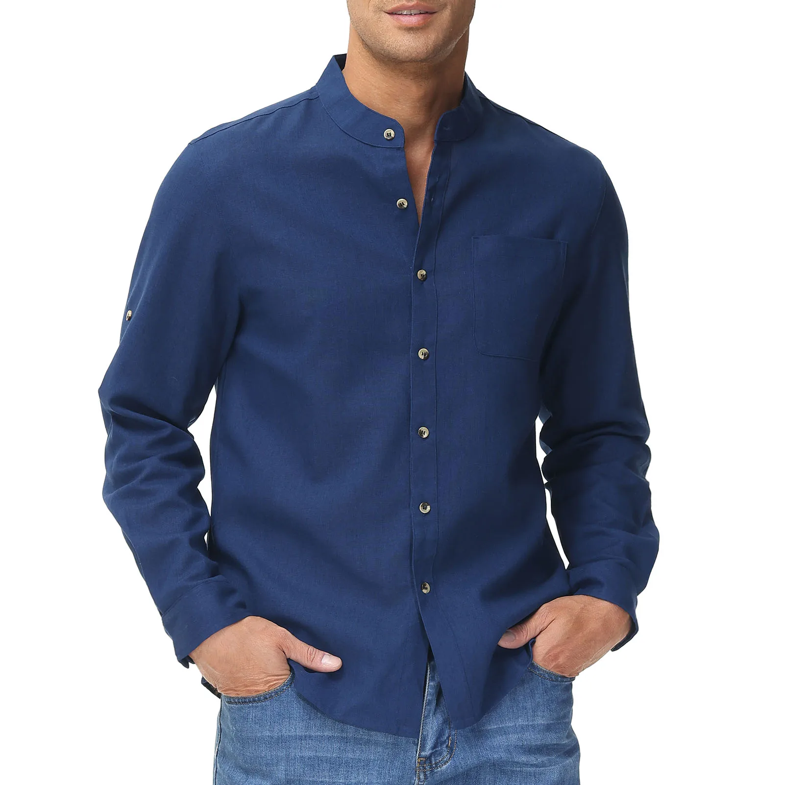 Men\'s Cotton and Linen Shirt Casual Shirt, Quarter Button and Breathable Casual Men\'s Business Shirt