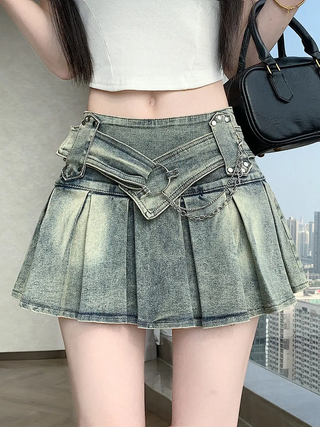 

Летняя женская короткая юбка-шорты в американском стиле, эластичная джинсовая плиссированная юбка, модная персонализированная уличная короткая юбка, новинка лета