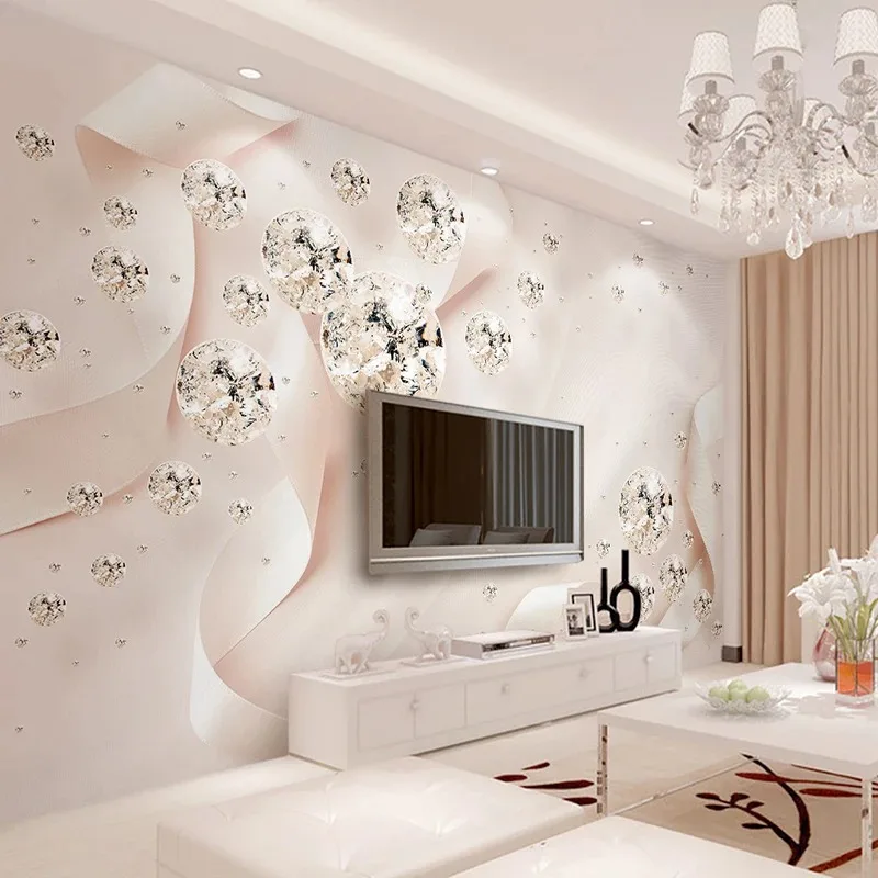 Custom Photo Wallpaper Modern 3D Creative Pink Ribbon Silk Wall Painting Diamond Jewelry Wall Decor Wallpaper For Bedroom Walls