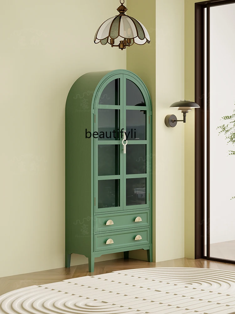 

American retro bookcase arched dust-proof glass door high cabinet, floor-to-ceiling household green solid wood