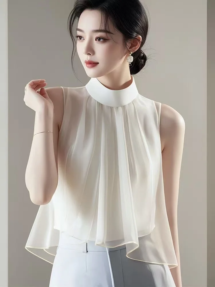 気質女性ブラウスシフォンノースリーブトップス 2025 新しい夏フレンチユニークな美しいシャツプリーツ薄い女性ブラウス
