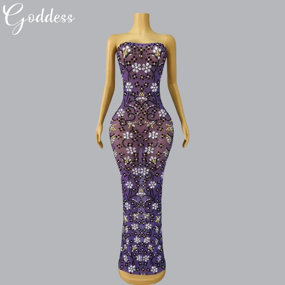 

Sparkling Diamond Club Nightclub Evening Dress Sexy Perspective Mesh strapless Evening Dress Cocktail Dress Party Stage Outfit