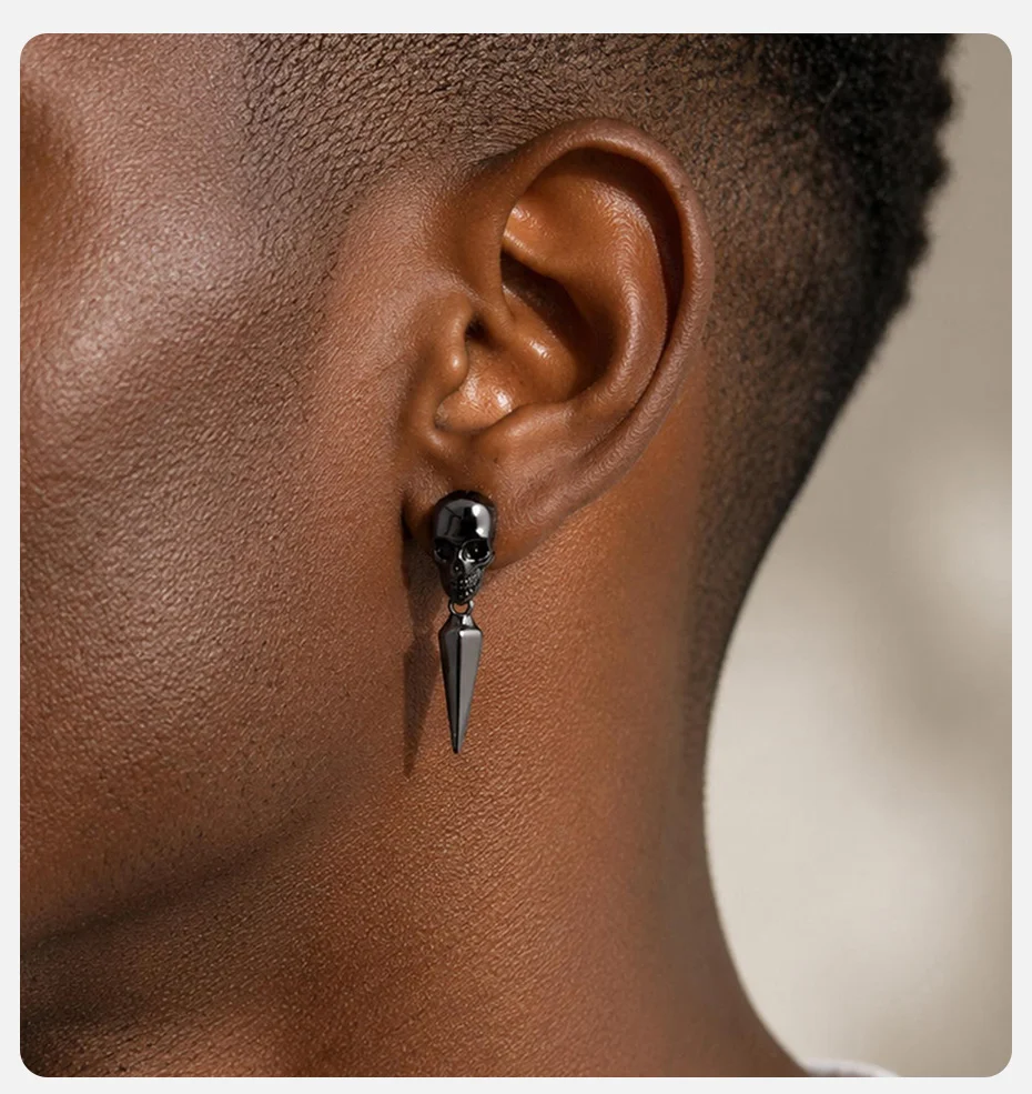Vnox Totenkopf-Spike-Ohrhänger für Herren, Edelstahl, Gothic-Skelett-Nieten-Ohrstecker, Punk-Rock-Hip-Hop-Ohrschmuck, Geschenk – Detail 2
