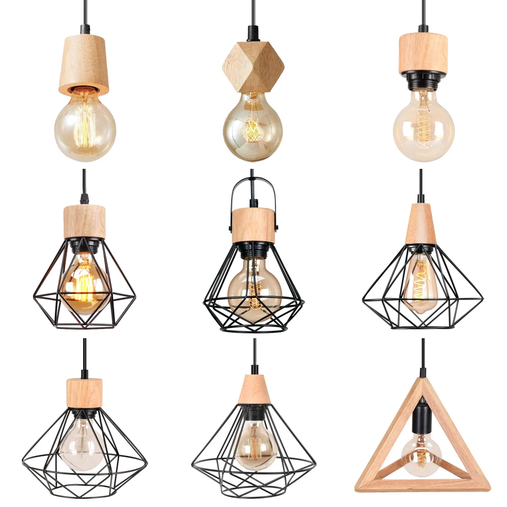 

Wood Pendant Light Ceiling Chandelier Vintage Industrial LED Hanging Lamp Bar Kitchen Island Living Room Decor indoor Lighting