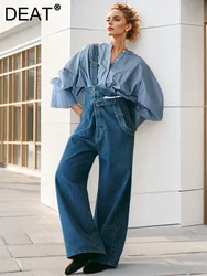 DEAT Fashion Women's Patchwork Jeans High Waist Loose Long Straight Wide Leg Blue Streetwear Denim Pants Autumn 2024 New 7AB4893