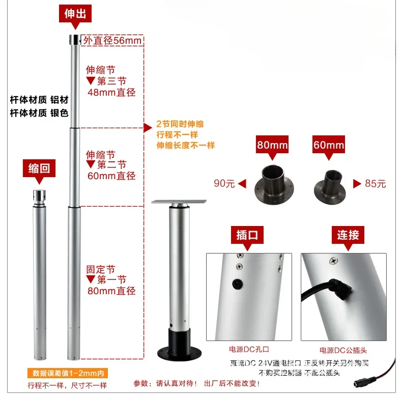 قضيب دفع كهربائي 12v24v36v نوع القلم محرك خطي قضيب تلسكوبي صغير