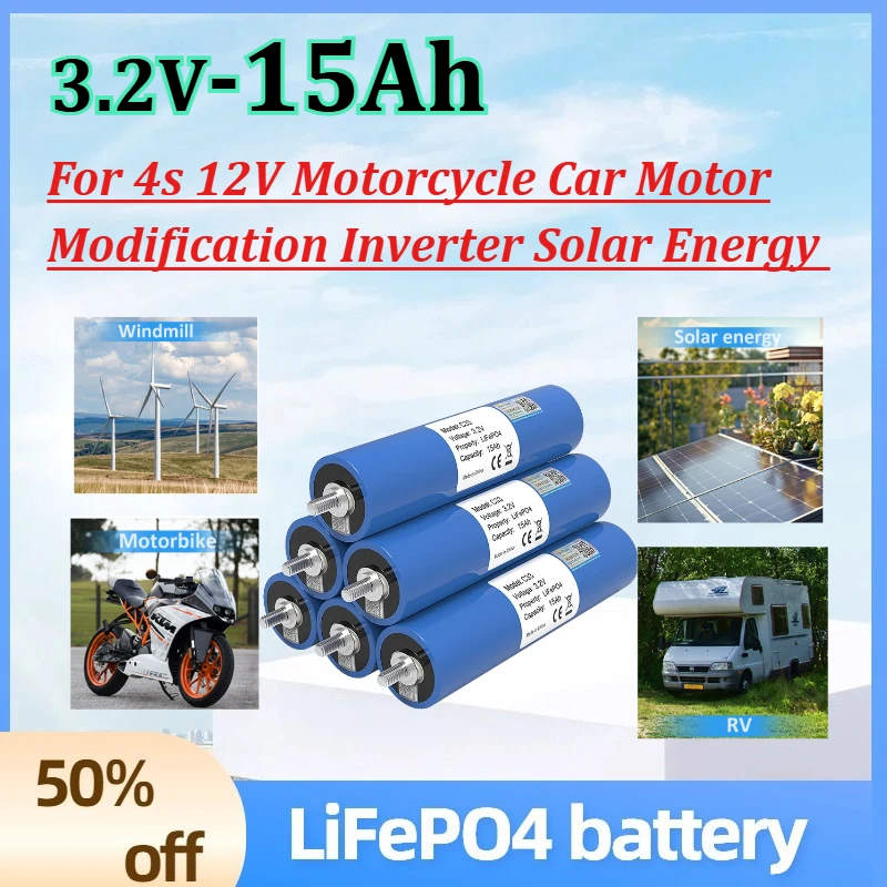 

3.2V 15Ah LiFePO4 Battery C33 Lithium Phosphate for 4s 12V Motorcycle Car Motor Modification Inverter Solar Energy Batteries