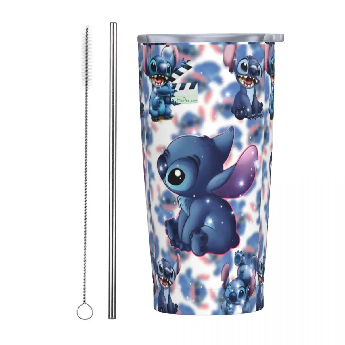 Cute Cartoon Stitch Stainless Steel Tumbler Blue Comic Travel Thermal Cups With Straws and Lid Car Mugs Cold Drink Water Bottle