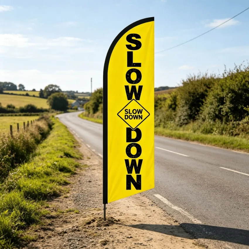 Slow Down Feather Flag 6.5FT Double Sided Polyester Warning Banner for Shop Entrance Roadside Reminder Display