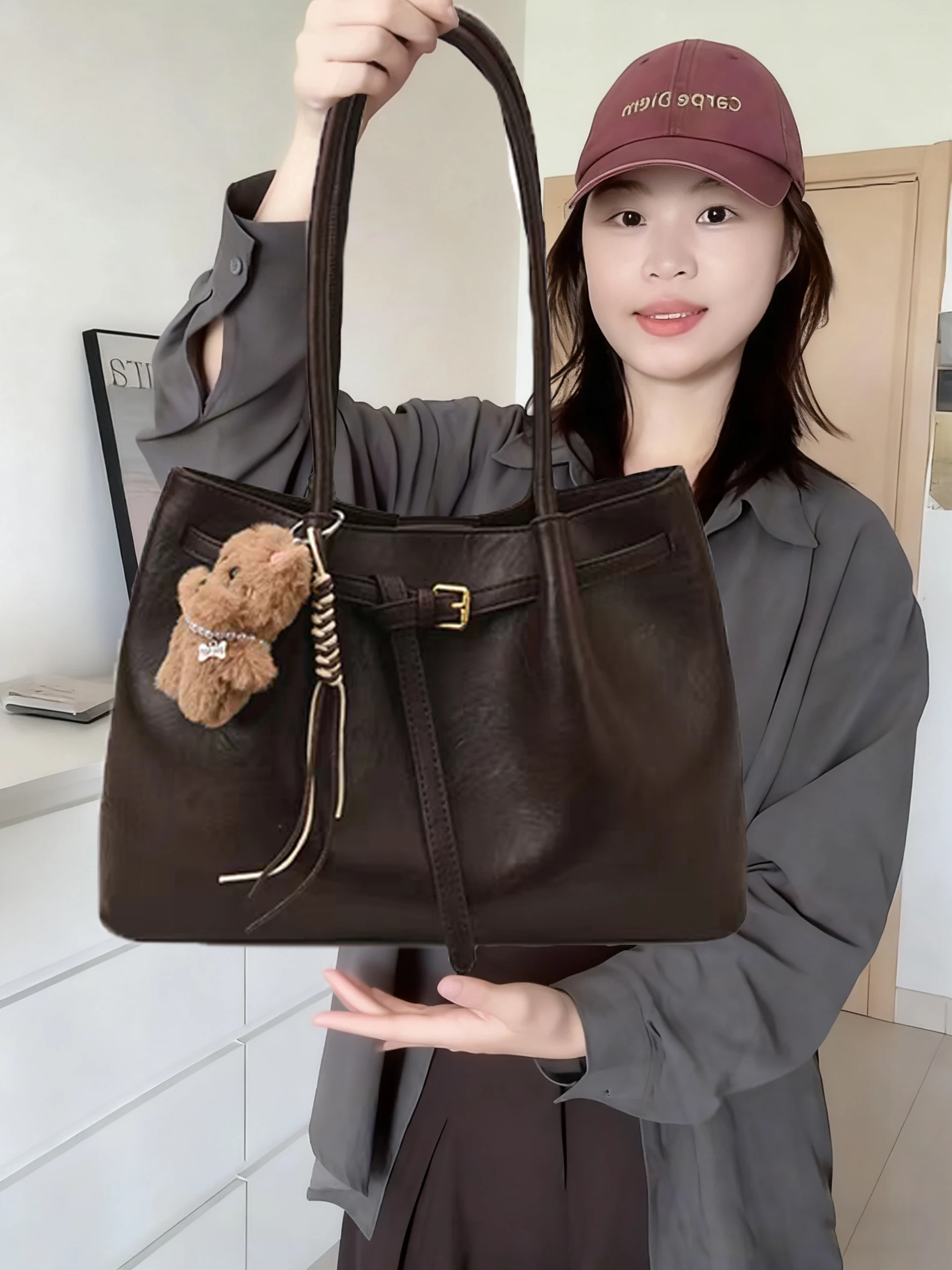 

Женская вместительная сумка-тоут из вощеной кожи, на плечо, для повседневного использования, с двойным ремнем