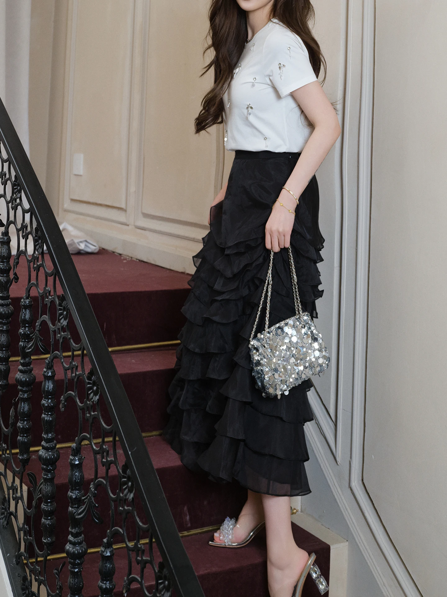 

Black High Waist Multi-Layered Mesh Princess Cake Long Skirt Half Body Sweet And Slimming Org Women's Fashion Polyester Fiber