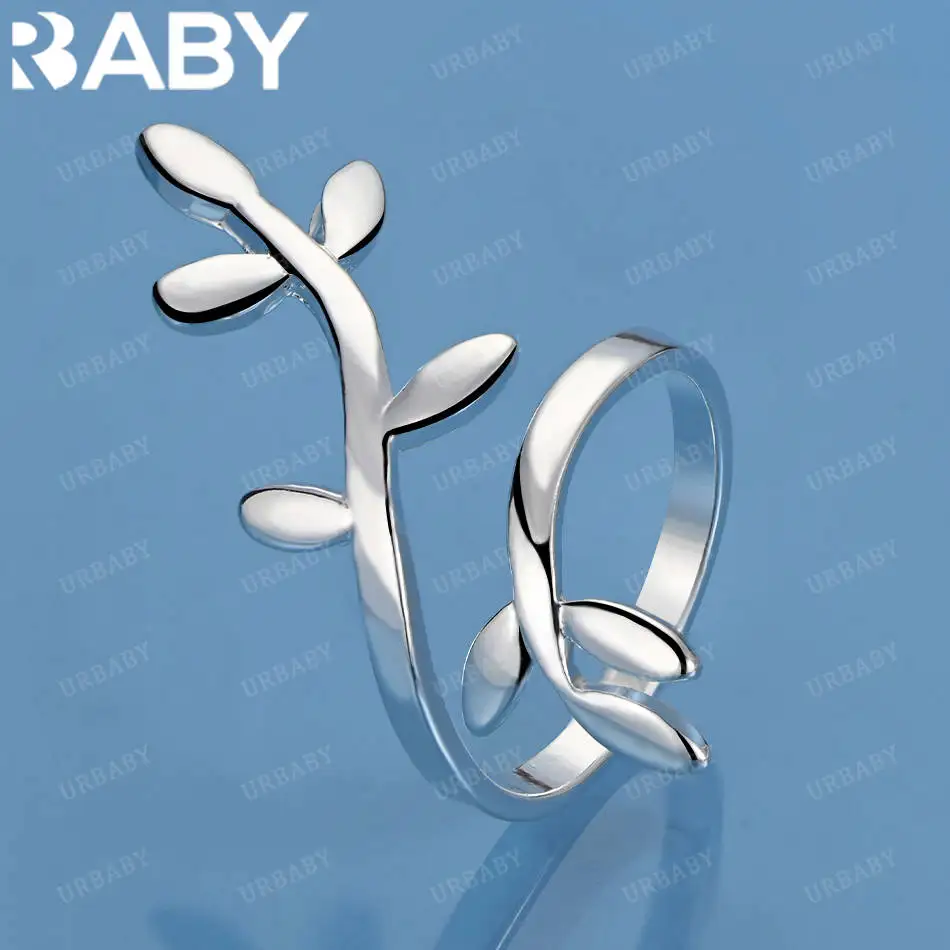 

URBABY 925 Sterling Silver Long Leaf Open Ring For Women Men Grace Jewelry Trend Fashionable Birthday Party Gifts