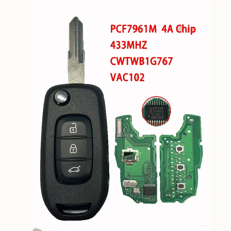 FCC:CWTWB1G767 4A CHIP FSK 433.92MHz  For Renault  2013-2017 Kadjar Captur Megane3 Remote Key / PCF7961M /with  logo