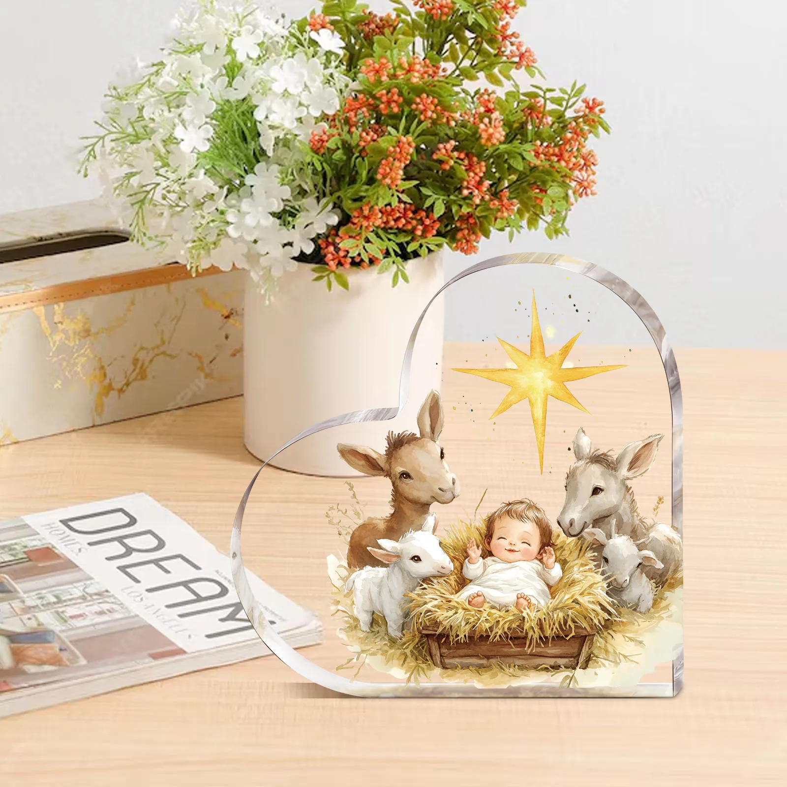 Heart Shape 2D Acrylic Nativity Scene - Religious Christmas Easter Tabletop Decor for Home Office Church