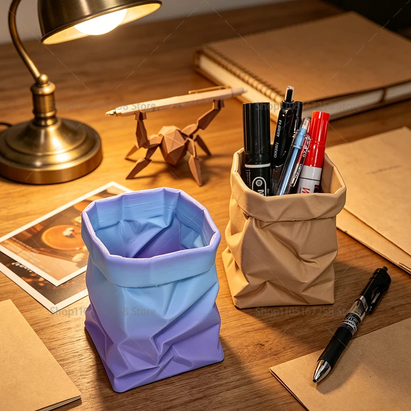 3D Printed Wrinkle Paper Bag Pen Holder, Simulation Fold Bag,Aesthetic Desktop Stationery Organizer Office Home Table Decor Gift