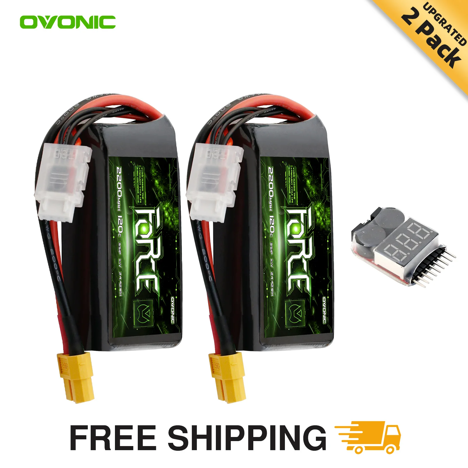 

OVONIC 3S LiPo Battery 11.1V 2200mAh Short 120C & Lipo Voltage Checker with XT60/T Plug for RC Airplane Helicopter(2 packs)