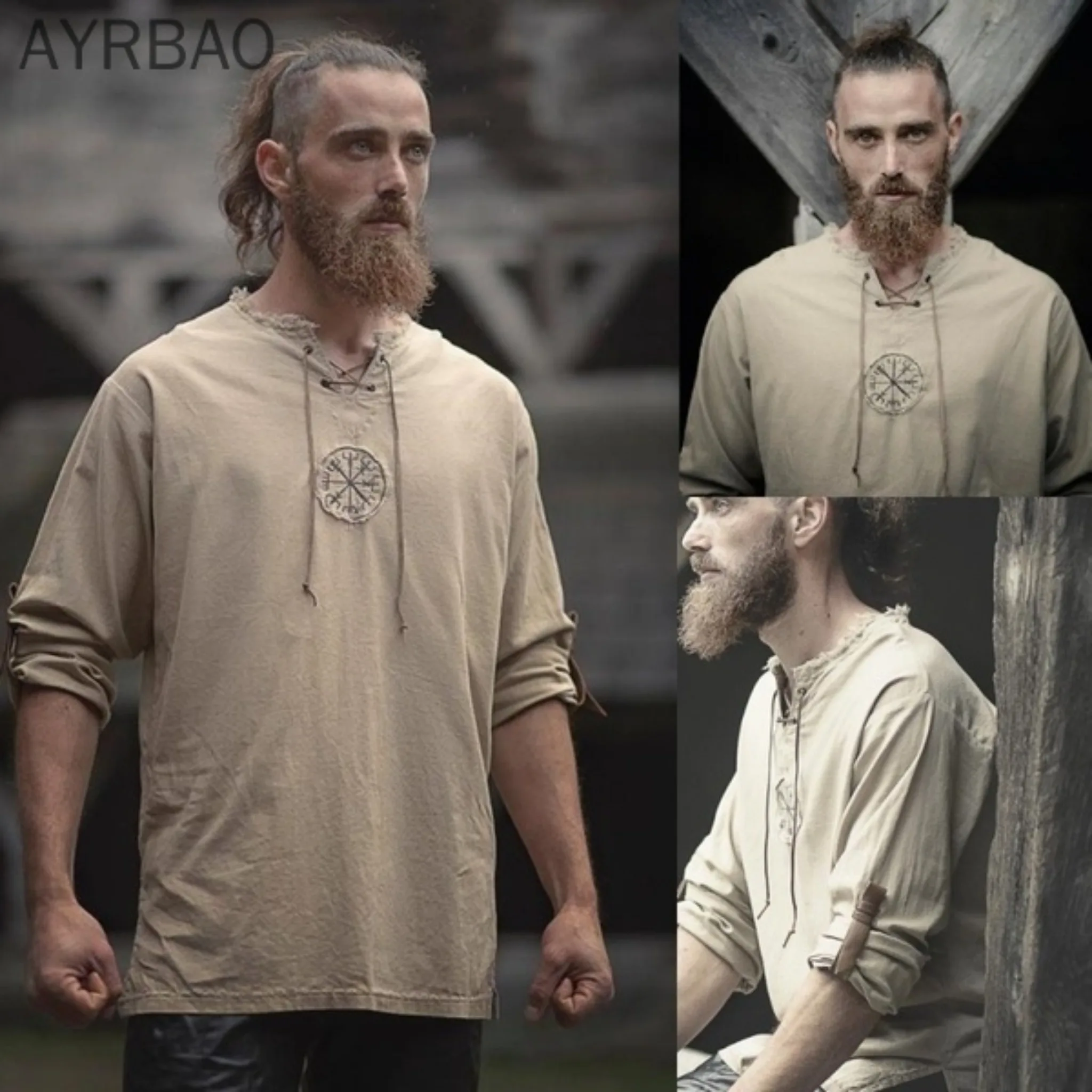 

Men's Viking Style Embroidered Shirt Spring Summer Slim Fit Cotton Linen Long Sleeve Casual Beach Wear Shirt for Men