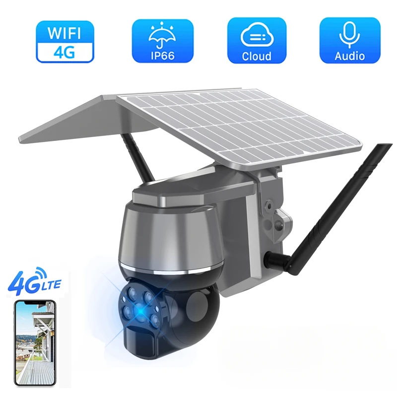 

4G Solar Monitoring PTZ Outdoor IP66 Wireless Camera Rechargeable Battery PIR Detection Two-way Audio WIFI Security Solar Camera