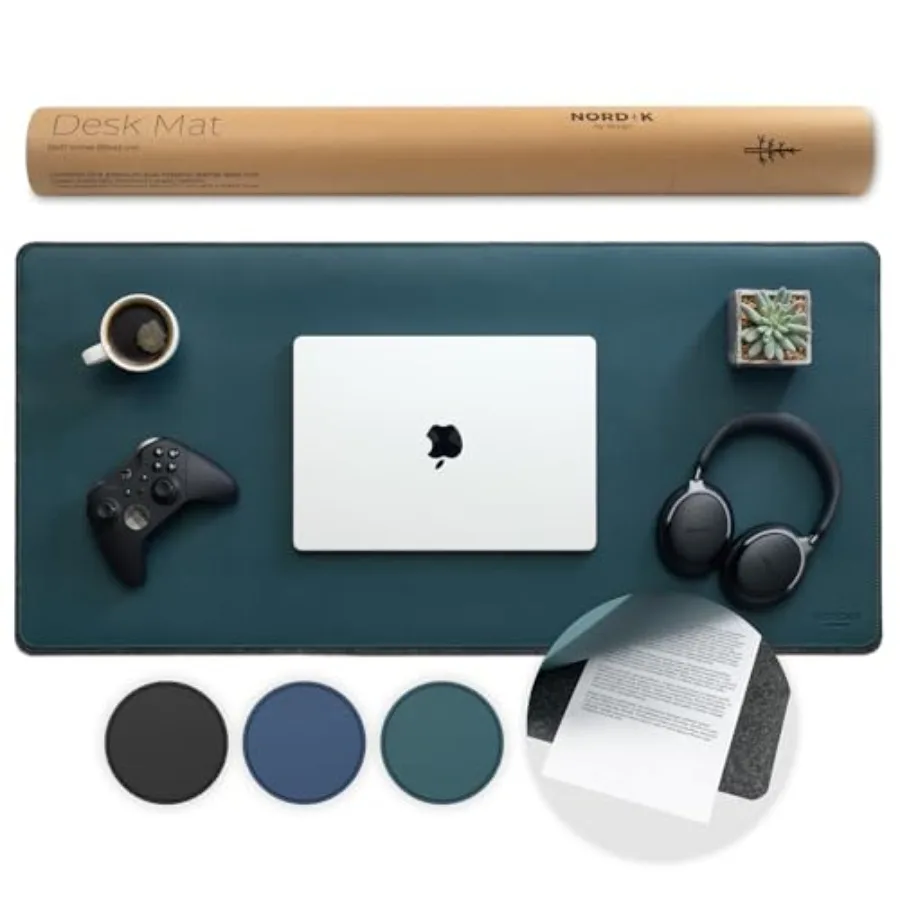 Nordik Felt and Leather Desk Mat Non-Slip - Green - 35 X 17 Inch - Dual Layer - Felt and Vegan Leather Desk Pad - Document Orga
