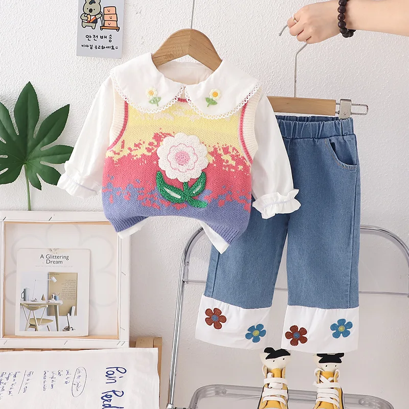 

New Spring Autumn Baby Clothes Children Girls Cute Vest Shirt Pants 3Pcs/Set Kids Clothing Set Toddler Costume Infant Tracksuits