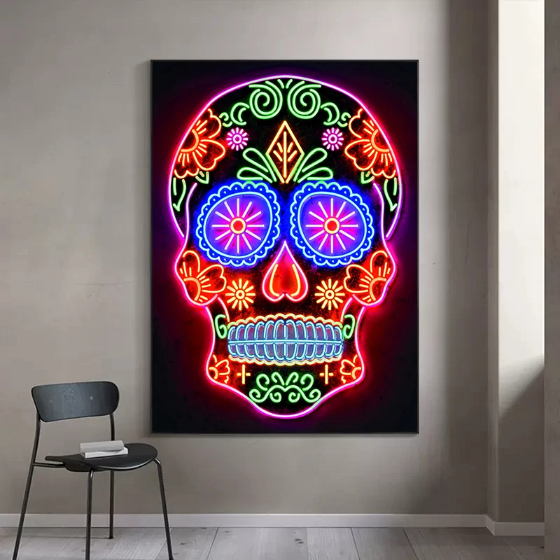 Abstract Neon Effect Colorful Skull Head Poster Canvas Painting Day of The Dead Pop Street Wall Art Picture for Bar Room Decor