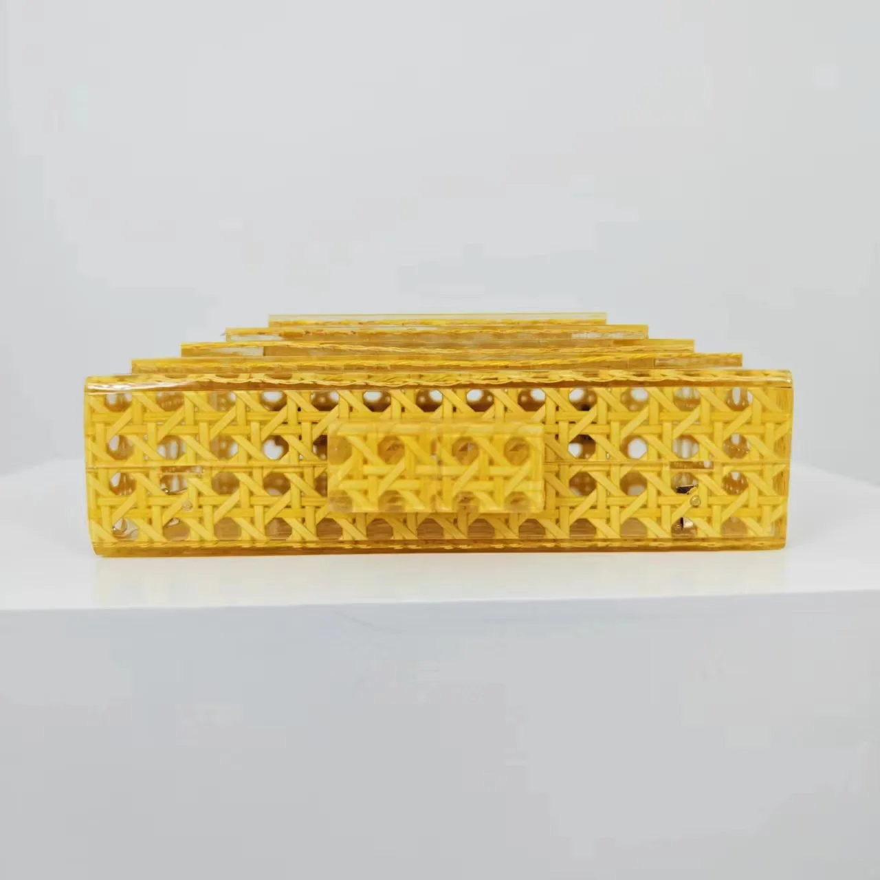 Newest Yellow Ratter Straw Acrylic Box Clutch Bags Women Party Evening Purses Bridal Wedding Handbag Lady Knitting Beaded Handle