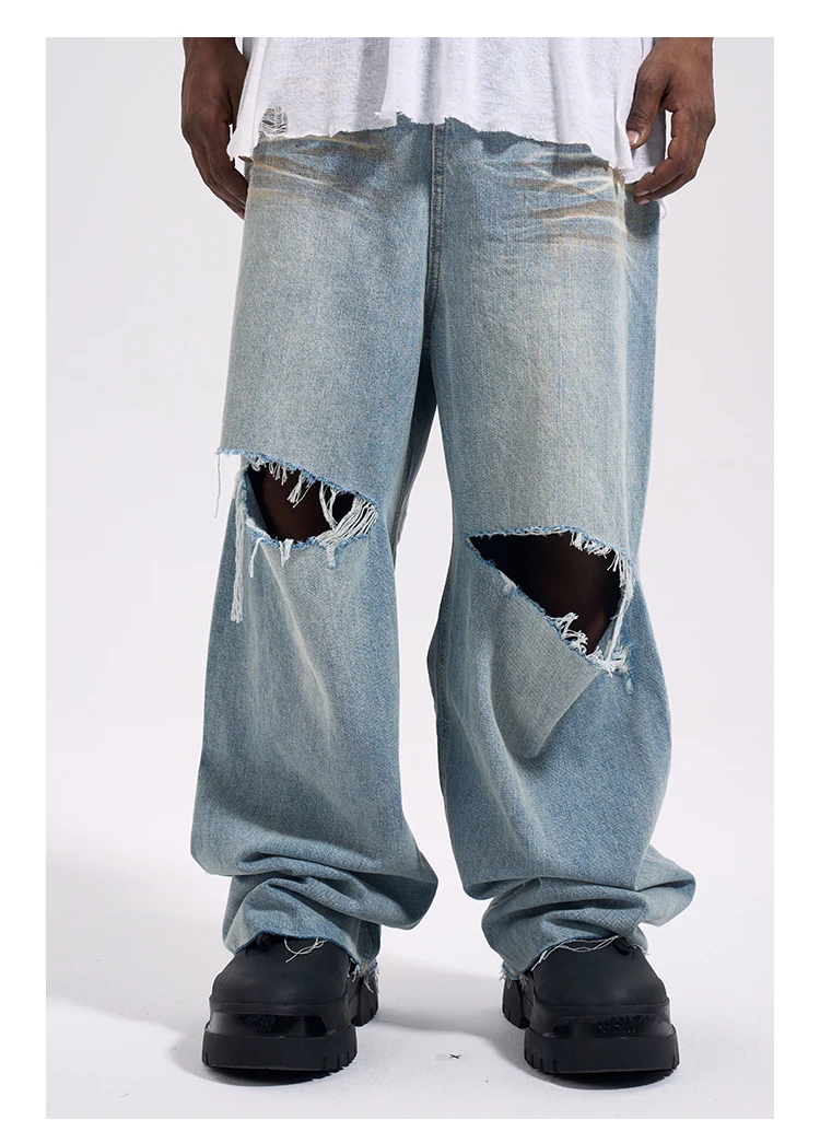 Knee Ripped Denim Jeans Big Holes Wide-leg Mopping Jeans Hip Hop Elephant Pants Streetwear Men Y2k Pants Vintage Baggy Jeans