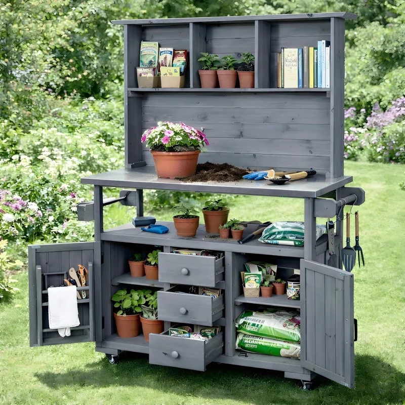 

2026 New：65''H Large Garden Storage Potting Lockable Wheels, Wood Outdoor Kitchen Island with Stainless Steel