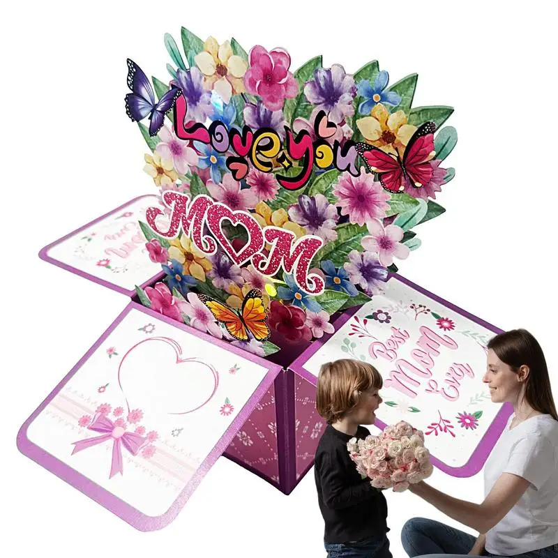

Flower Bouquet Birthday Cards 3D Greeting Cards Mother's Day Bouquet Flower Thank You Paper Blank Note Card And Envelope Lights