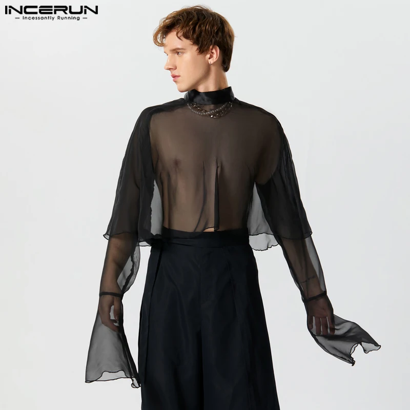 

Men Irregular Shirt Mesh Transparent Turtleneck Long Sleeve Men Clothing Sexy Ruffle 2023 Patchwork Fashion Camisas INCERUN