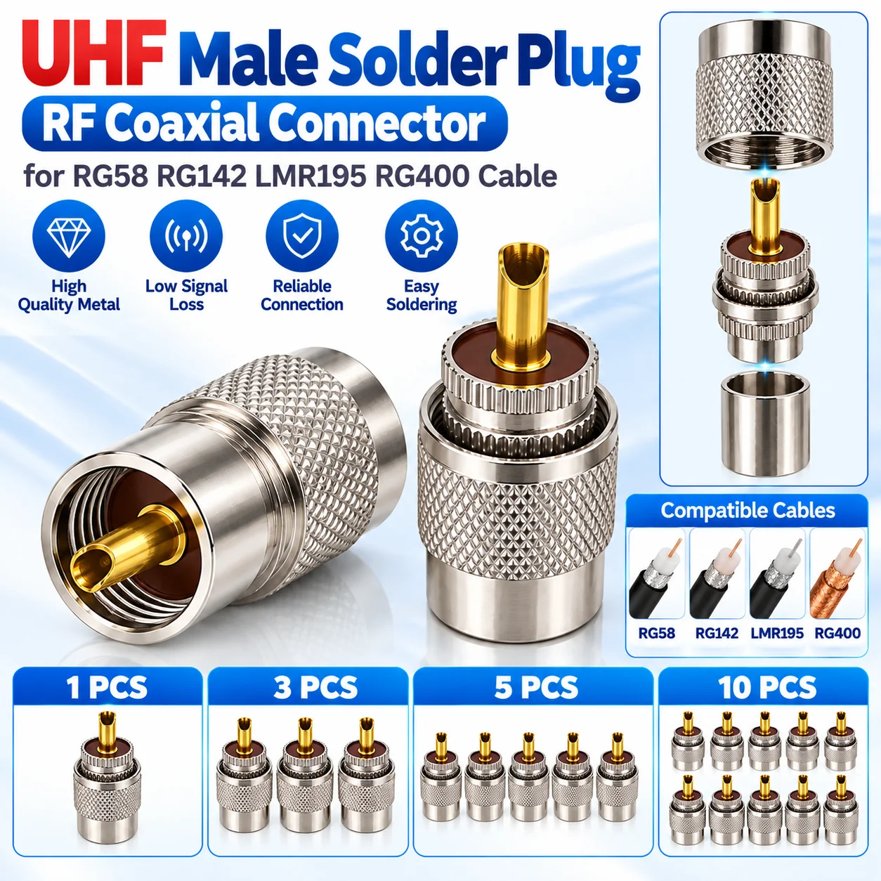 1 3 5 10PCS UHF Male Solder Plug RF Coaxial Connector for RG58 RG142 LMR195 RG400 Cable Ham Radio Antenna Transceiver Adapter