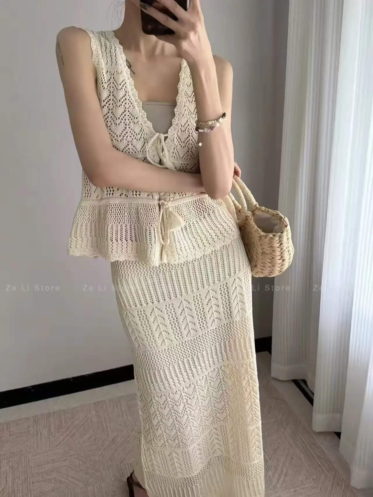 

Elegant Summer Outfit Unique Hollow out Sleeveless Beige Vest And Mini Skirt Set for Women Stylish Knitted Leisure Ensemble