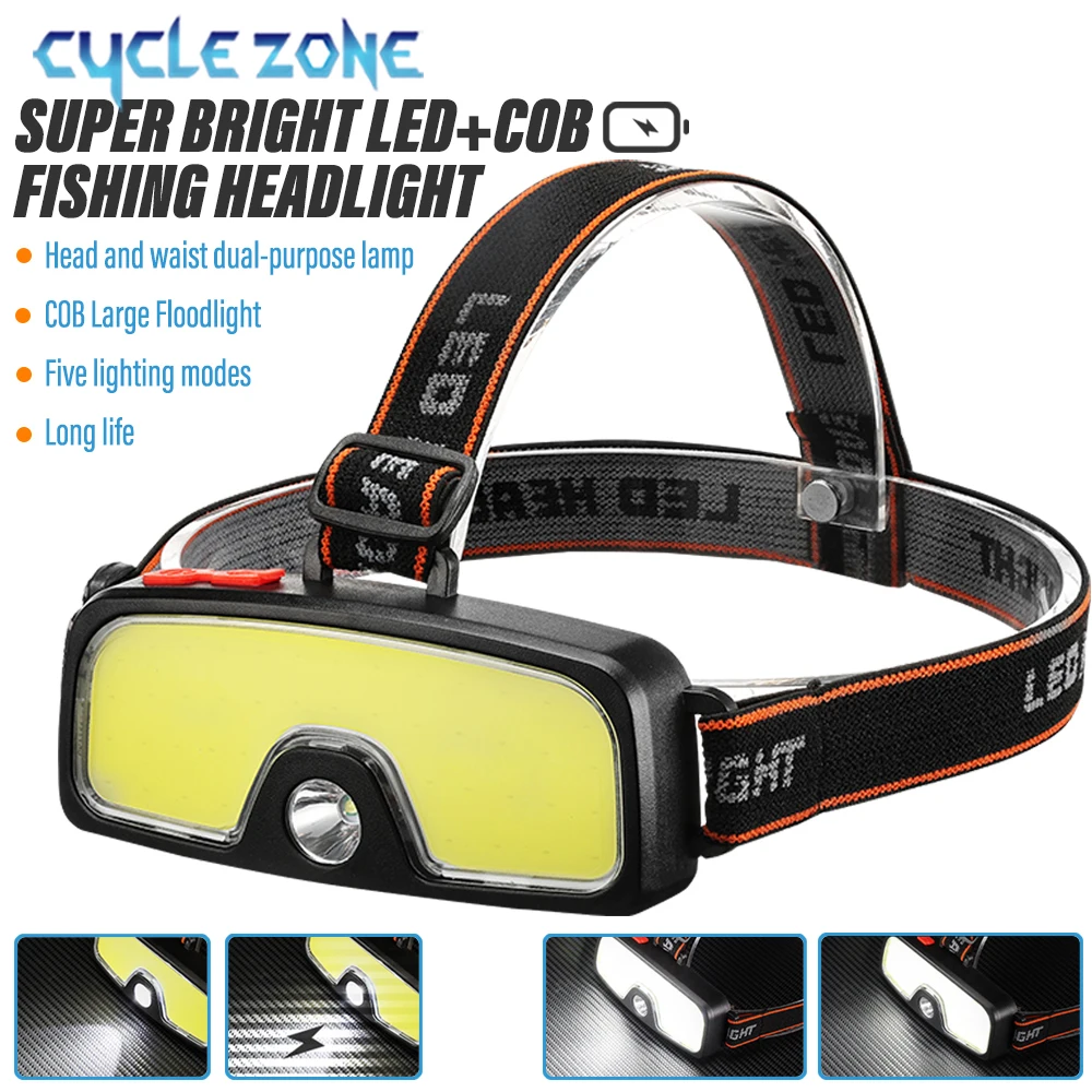 Powerful COB Headlamp Rechargeable Head Flashlight Portable Torch 5 Modes Headlight Outdoor Camping Lamp Night Fishing Lantern