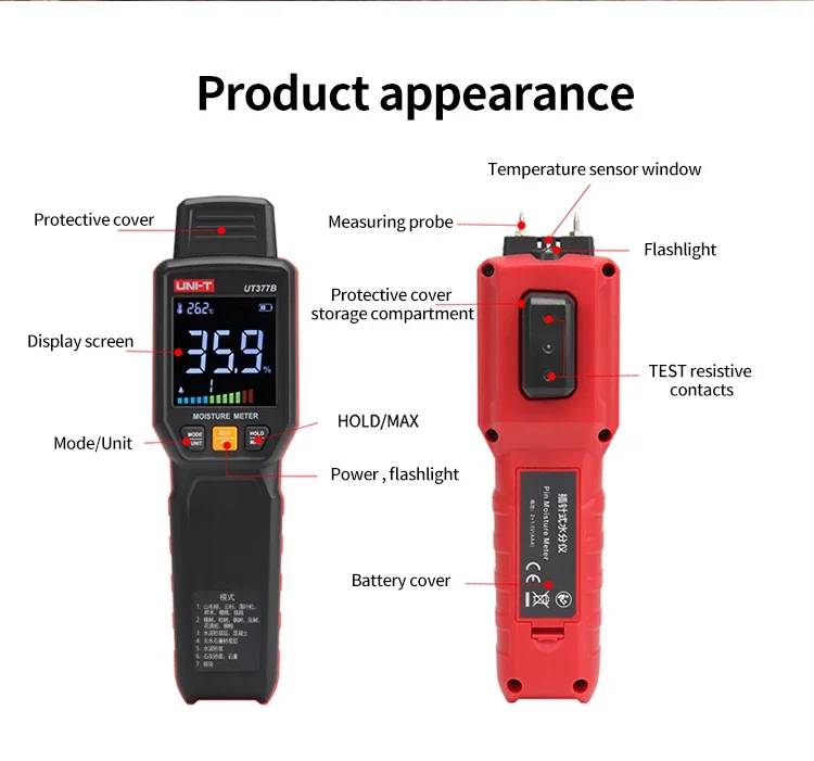 UNI-T UT377B Pin Moisture Meter Wood Humidity Tester Wood and Building Materials Measurement Timber Damp Detector LED Flashlight