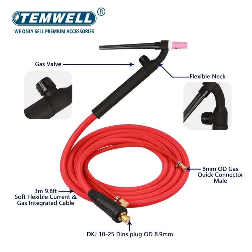 Tocha de Soldagem Tig com Fios de Cabo de Mangueira Integrados Fio Elétrico a Gás Conector Rápido Unf 3550 Euro 5m 16.4ft Wp17