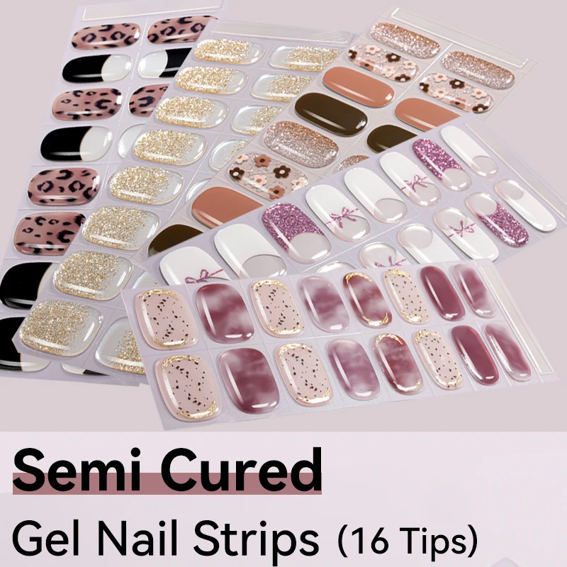 16Tips Semi-Cured Gel Nail Sticker Pure Color UV/LED Lamp Gel Nail Polish Wraps Long-Lasting Full Cover Gel Sticker Nail Decor